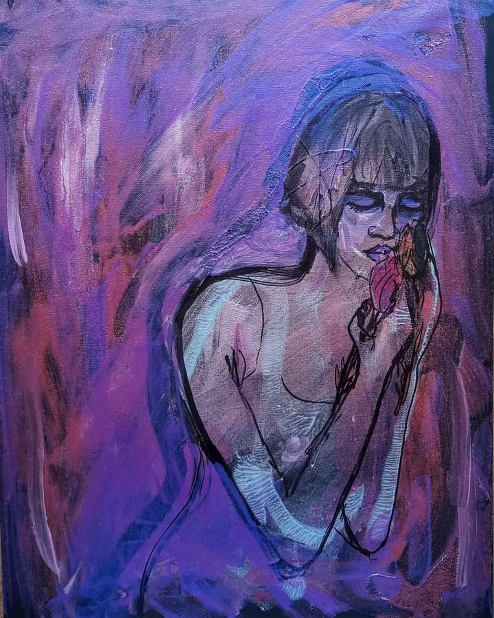 Abstract painting of a woman holding a flower with a purple and blue color scheme.